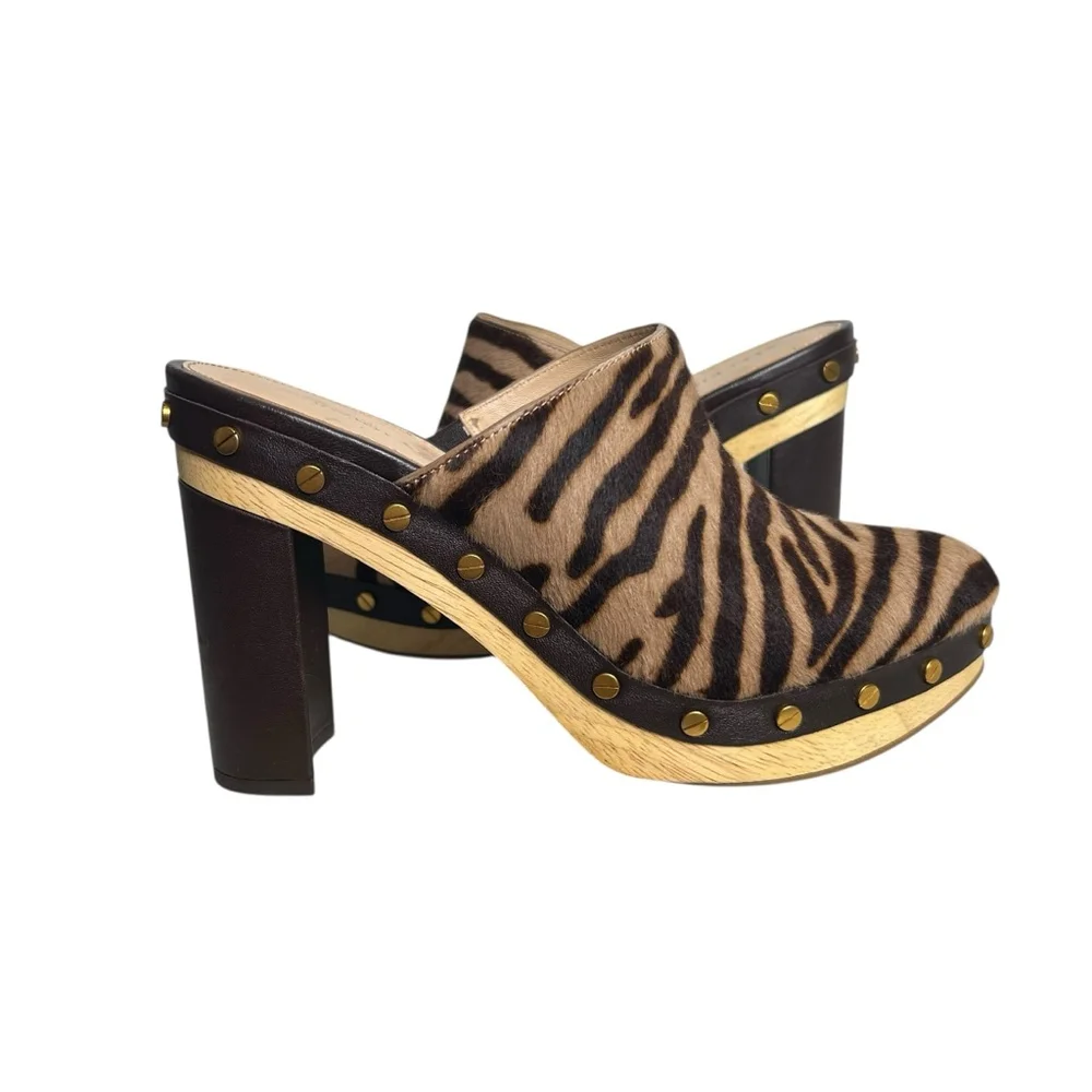 Veronica Beard Grita Calf Hair Studded Mules Clogs Wooden Heels Zebra Size 7 - Picture 2 of 12